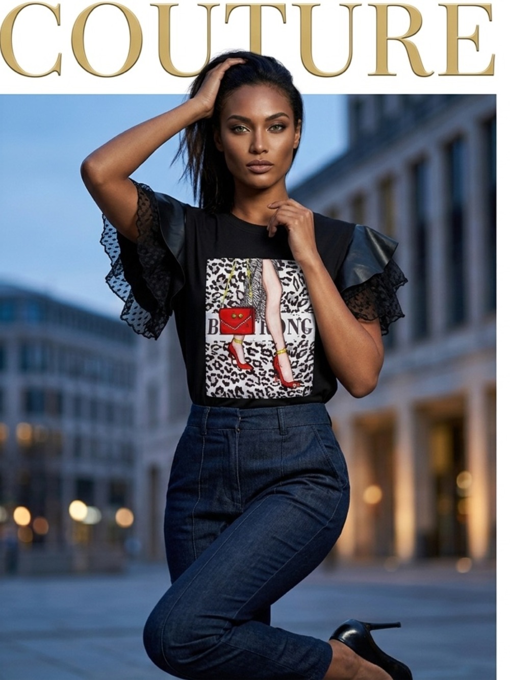 NWT VIVID Graphic Tee Glam Y2K
Black 3D Embellish Layered Ruffle
Sleeves Women S